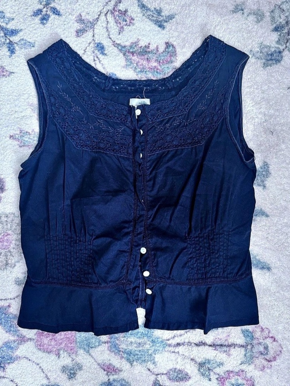 VINTAGE odille 100% Cotton Sleeveless Lace-Trim Top in Black Size Medium